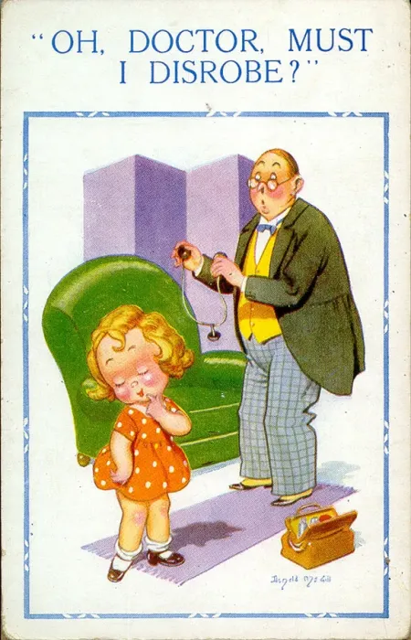 Framed Print : Comic postcard, Little girl at the doctors Date: 20th century Framed Print : Comic postcard, Little girl at the doctors Date: 20th century