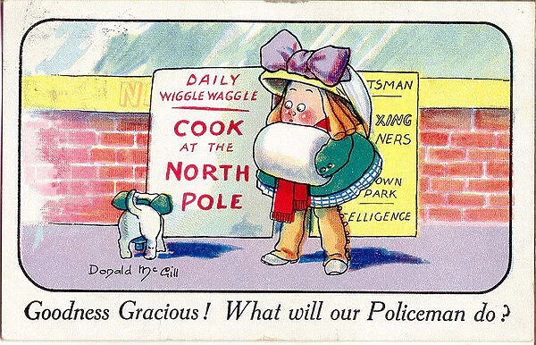 Comic postcard, Little girl with dog - Cook at the North Pole Date: 20th century