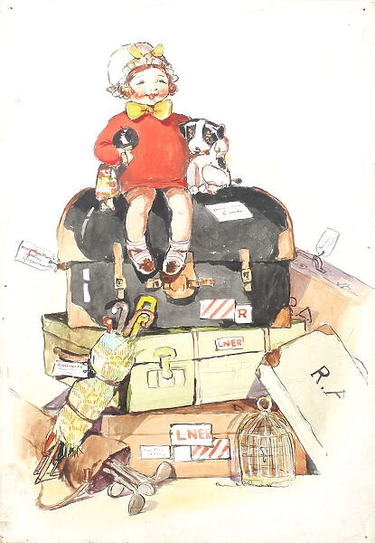 Comic postcard, Little girl with her dog and doll, sitting on a large pile of luggage