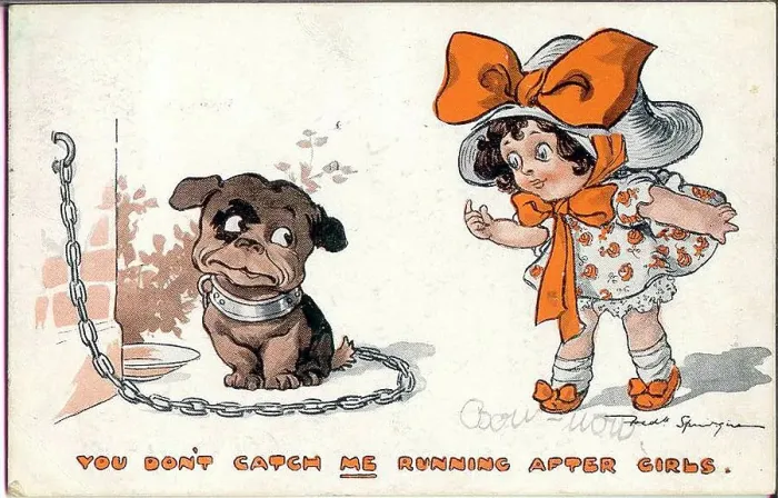 Framed Print : Comic postcard, Little girl and dog - You don't catch me running after girls. Date: early 20th century