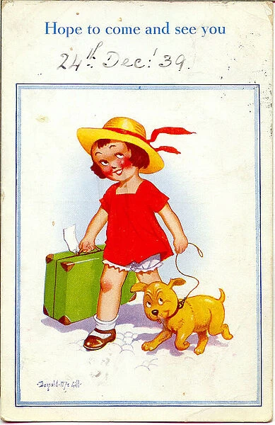 Comic postcard, Little girl with dog and suitcase Date: 1930s