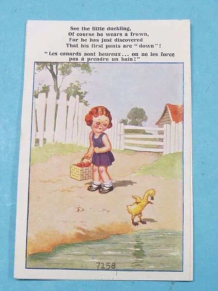 Comic postcard, Little girl and duckling. See the little duckling