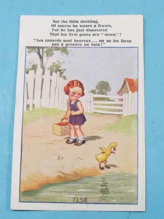 Framed Print : Comic postcard, Little girl and duckling. See the little duckling Framed Print : Comic postcard, Little girl and duckling. See the little duckling