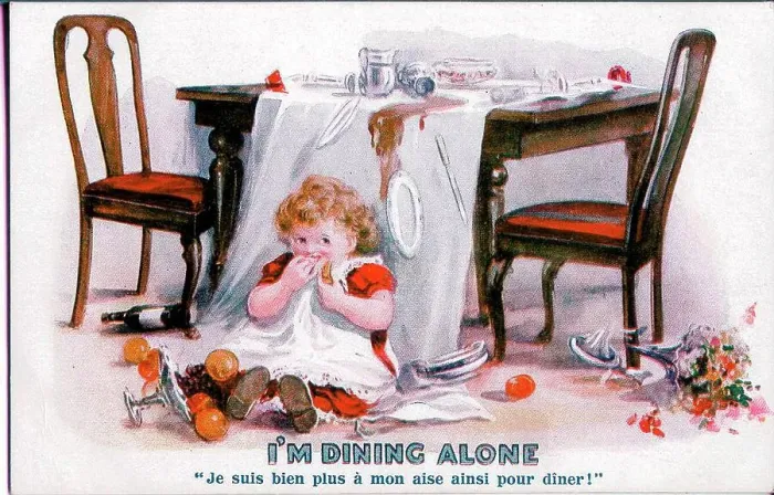 Framed Print : Comic postcard, Little girl eating - I'm dining alone. Date: early 20th century Framed Print : Comic postcard, Little girl eating - I'm dining alone. Date: early 20th century
