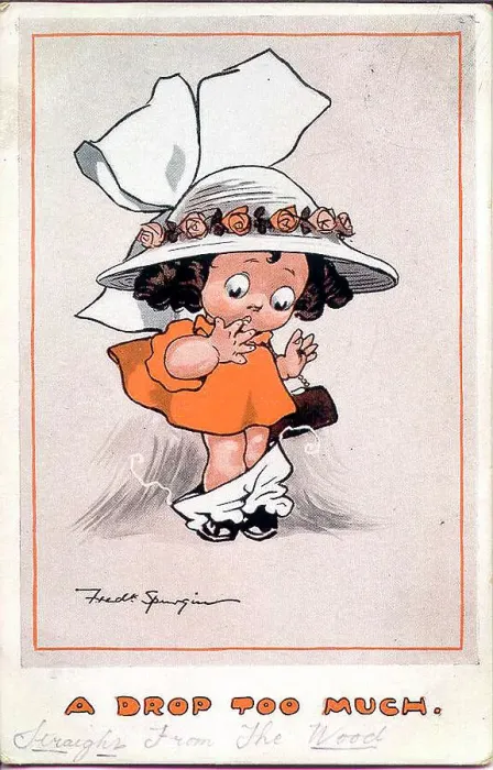 Framed Print : Comic postcard, Little girl in embarrassing situation - A drop too much. Date: early 20th century Framed Print : Comic postcard, Little girl in embarrassing situation - A drop too much. Date: early 20th century