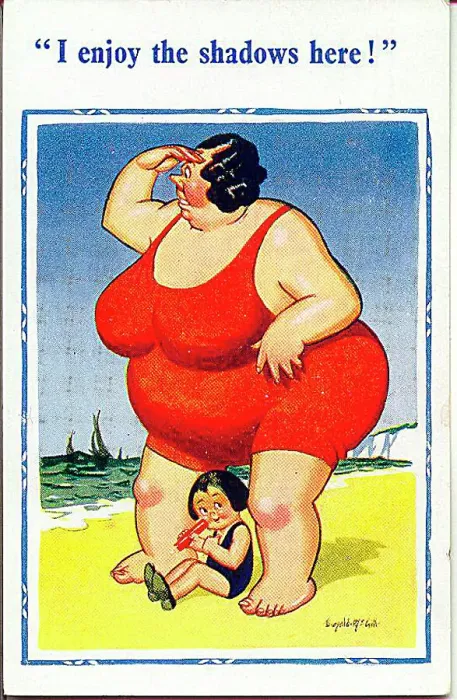 : Comic postcard, Little girl and enormous woman on the beach Date: 20th century : Comic postcard, Little girl and enormous woman on the beach Date: 20th century