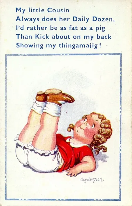 Framed Print : Comic postcard, Little girl exercising Date: 20th century Framed Print : Comic postcard, Little girl exercising Date: 20th century
