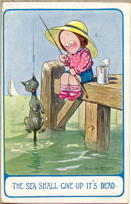 Framed Print : Comic postcard, Little girl fishing at the seaside Date: 20th century Framed Print : Comic postcard, Little girl fishing at the seaside Date: 20th century