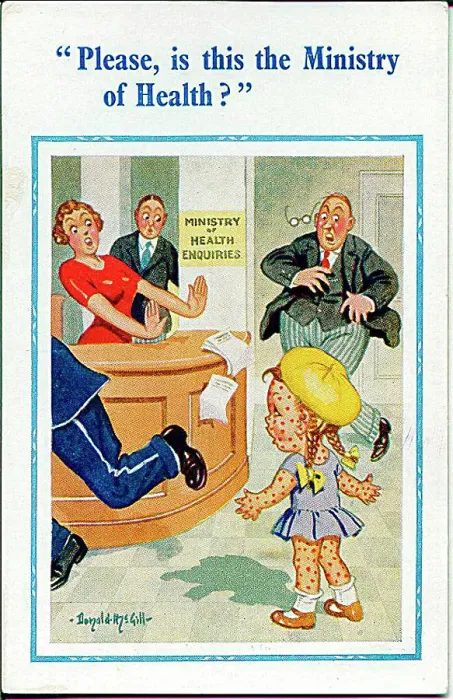  : Comic postcard, Little girl with infectious disease Date: early 20th century