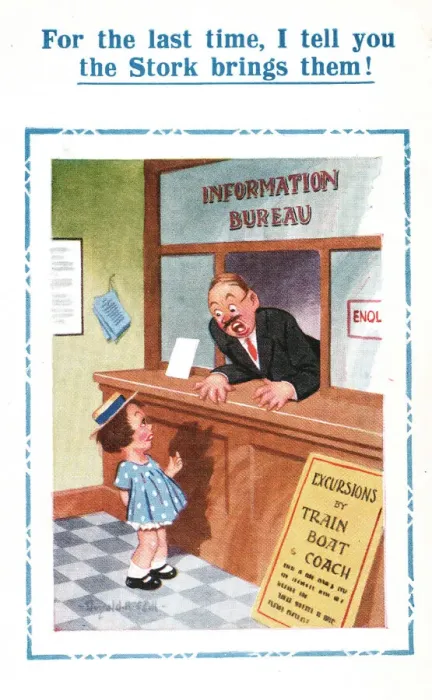 Framed Print : Comic postcard, Little girl at Information Bureau Framed Print : Comic postcard, Little girl at Information Bureau