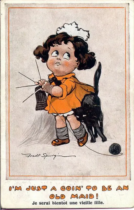 Framed Print : Comic postcard, Little girl with knitting and cat - I'm just a goin to be an old maid! Date: early 20th century Framed Print : Comic postcard, Little girl with knitting and cat - I'm just a goin to be an old maid! Date: early 20th century