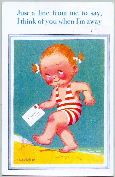 Framed Print : Comic postcard, Little girl with letter on the beach Date: 20th century Framed Print : Comic postcard, Little girl with letter on the beach Date: 20th century