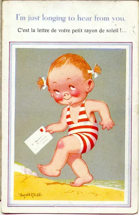 Framed Print : Comic postcard, Little girl with letter on the beach (in English and French) Date