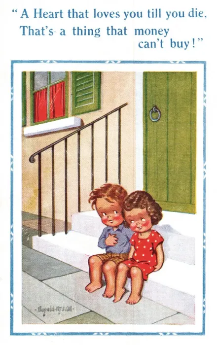 Framed Print : Comic postcard, Little girl and little boy Framed Print : Comic postcard, Little girl and little boy