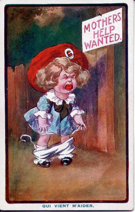 Framed Print : Comic postcard, Little girl in need of help - Mothers help wanted. Date: early 20th century Framed Print : Comic postcard, Little girl in need of help - Mothers help wanted. Date: early 20th century