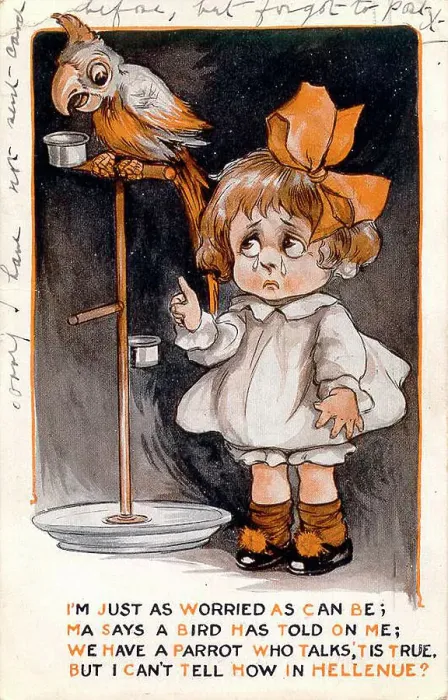 Framed Print : Comic postcard, Little girl with parrot Date: early 20th century Framed Print : Comic postcard, Little girl with parrot Date: early 20th century