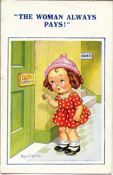 Comic postcard, Little girl with a penny for the toilet