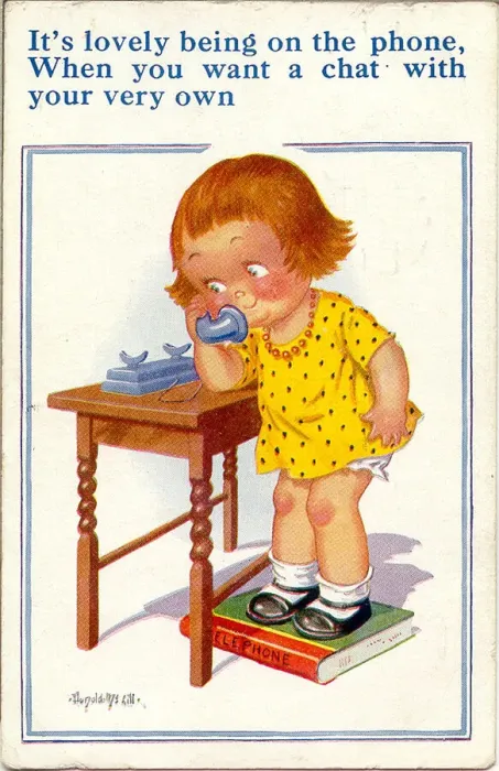 Framed Print : Comic postcard, Little girl on the phone Date: 20th century Framed Print : Comic postcard, Little girl on the phone Date: 20th century