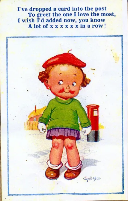 Framed Print : Comic postcard, Little girl and pillar box, just posted a card Date: 20th century Framed Print : Comic postcard, Little girl and pillar box, just posted a card Date: 20th century