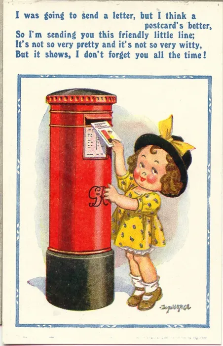 Framed Print : Comic postcard, Little girl posting a card Date: 20th century Framed Print : Comic postcard, Little girl posting a card Date: 20th century