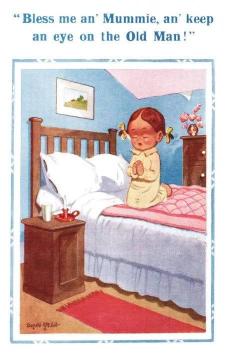 Framed Print : Comic postcard, Little girl praying on her bed Framed Print : Comic postcard, Little girl praying on her bed