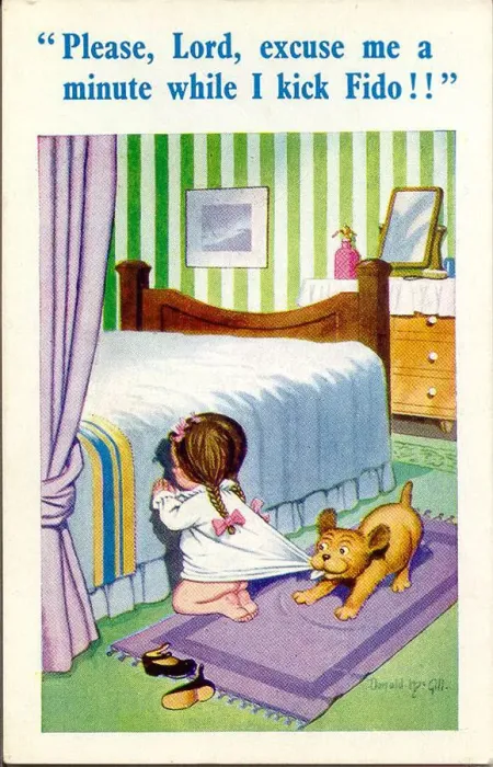 Framed Print : Comic postcard, Little girl praying by her bed, interrupted by dog Date: 20th century Framed Print : Comic postcard, Little girl praying by her bed, interrupted by dog Date: 20th century