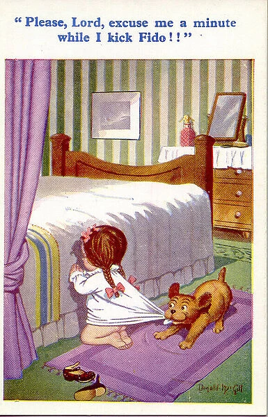 Comic postcard, Little girl praying by her bed, interrupted by dog Date: 20th century