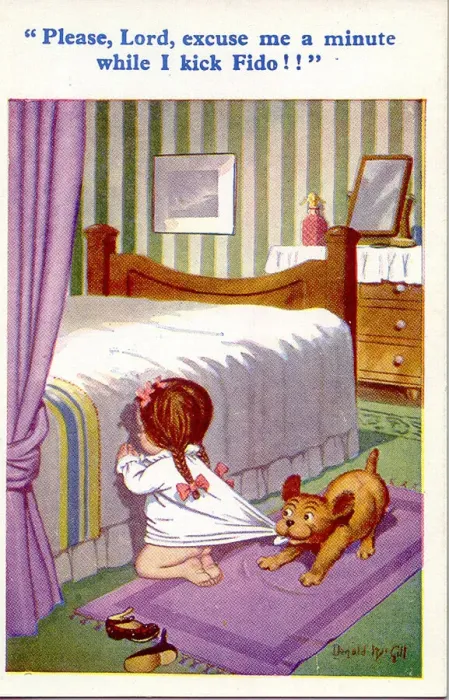 Framed Print : Comic postcard, Little girl praying by her bed, interrupted by dog Date: 20th century Framed Print : Comic postcard, Little girl praying by her bed, interrupted by dog Date: 20th century