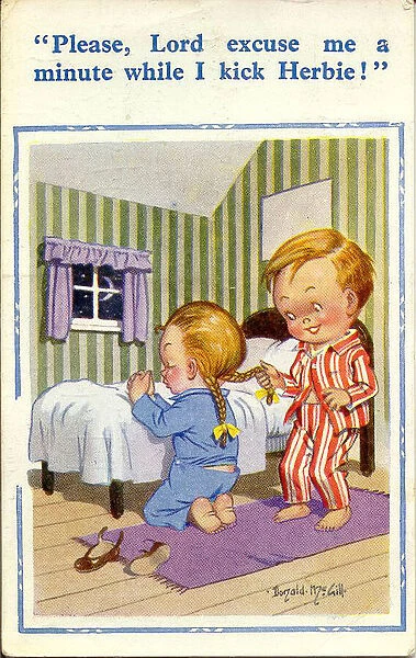 Comic postcard, Little girl praying by her bed, interrupted by a little boy Date