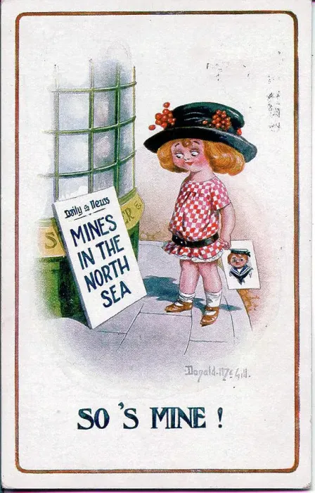 Framed Print : Comic postcard, Little girl reads news headlines. Date: 1914-1918 Framed Print : Comic postcard, Little girl reads news headlines. Date: 1914-1918