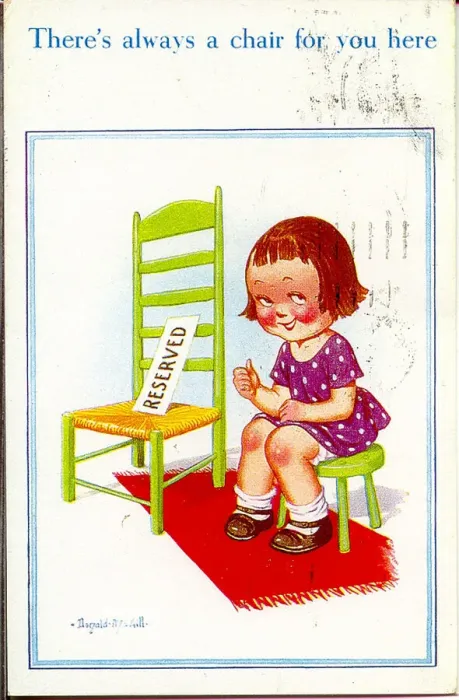 Framed Print : Comic postcard, Little girl with Reserved chair for a friend Date: 20th century Framed Print : Comic postcard, Little girl with Reserved chair for a friend Date: 20th century