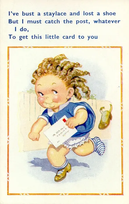 Framed Print : Comic postcard, Little girl running to post a card Date: 20th century Framed Print : Comic postcard, Little girl running to post a card Date: 20th century