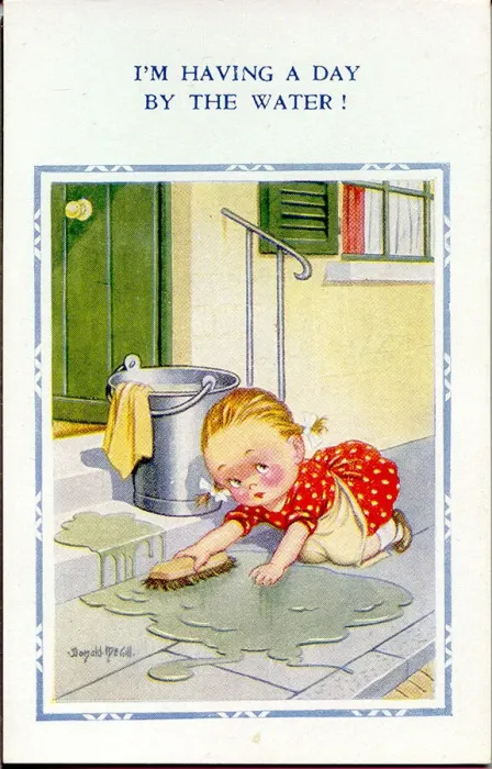 Framed Print : Comic postcard, Little girl scrubbing the front step Date: 20th century Framed Print : Comic postcard, Little girl scrubbing the front step Date: 20th century