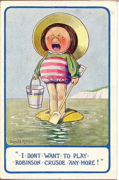 Comic postcard, Little girl at the seaside, marooned on a pile of sand