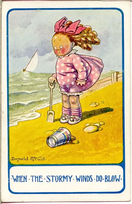 Framed Print : Comic postcard, Little girl at the seaside on a windy day Date: 20th century Framed Print : Comic postcard, Little girl at the seaside on a windy day Date: 20th century
