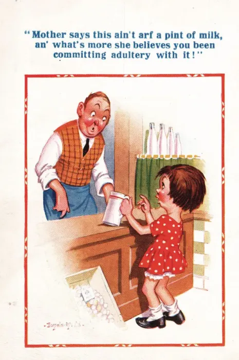 Framed Print : Comic postcard, Little girl and shopkeeper Framed Print : Comic postcard, Little girl and shopkeeper