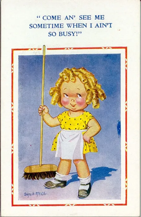 Framed Print : Comic postcard, Little girl with sweeping brush Date: 20th century Framed Print : Comic postcard, Little girl with sweeping brush Date: 20th century