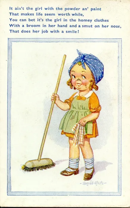 Framed Print : Comic postcard, Little girl with sweeping brush Date: 20th century Framed Print : Comic postcard, Little girl with sweeping brush Date: 20th century