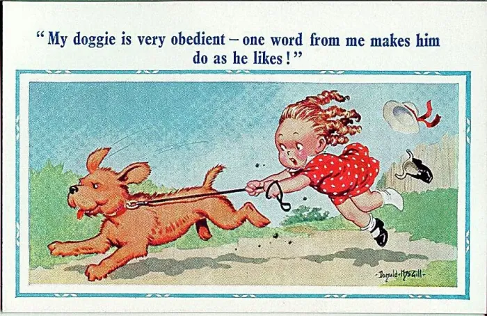 : Comic postcard, Little girl takes dog for walk Date: 20th century : Comic postcard, Little girl takes dog for walk Date: 20th century
