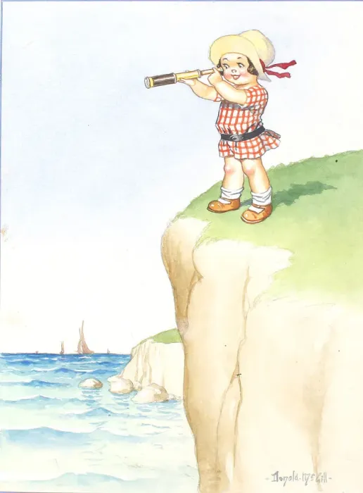 Framed Print : Comic postcard, Little girl with telescope on cliff, looking out to sea Date Framed Print : Comic postcard, Little girl with telescope on cliff, looking out to sea Date