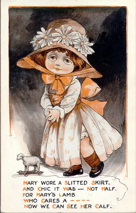 Framed Print : Comic postcard, Little girl with toy lamb on wheels Date: early 20th century Framed Print : Comic postcard, Little girl with toy lamb on wheels Date: early 20th century