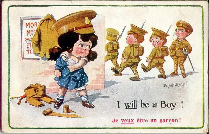 Framed Print : Comic postcard, Little girl wants to be a soldier. Date: 1914-1918 Framed Print : Comic postcard, Little girl wants to be a soldier. Date: 1914-1918