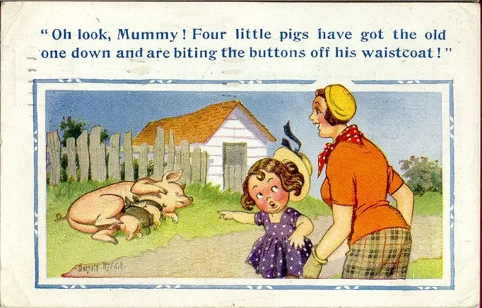 Framed Print : Comic postcard, Little girl, woman and pigs Date: 20th century Framed Print : Comic postcard, Little girl, woman and pigs Date: 20th century