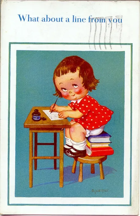 Framed Print : Comic postcard, Little girl writing at a desk Framed Print : Comic postcard, Little girl writing at a desk