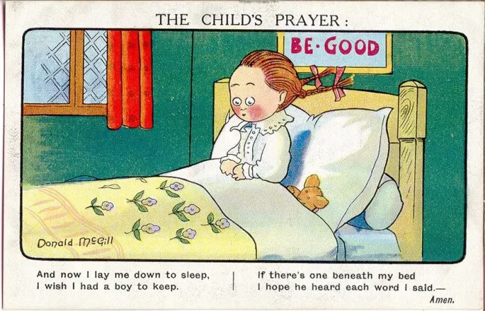 Framed Print : Comic postcard, Little girls bedtime prayer Date: 20th century Framed Print : Comic postcard, Little girls bedtime prayer Date: 20th century