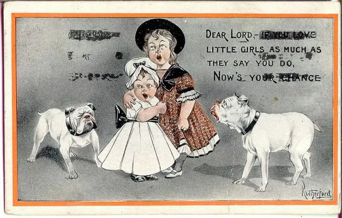 Framed Print : Comic postcard, two little girls singing, watched by two grumpy bulldogs Date: early 20th century Framed Print : Comic postcard, two little girls singing, watched by two grumpy bulldogs Date: early 20th century