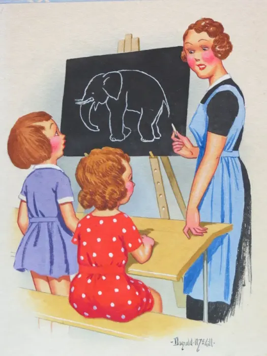 Framed Print : Comic postcard, Two little girls and teacher Framed Print : Comic postcard, Two little girls and teacher