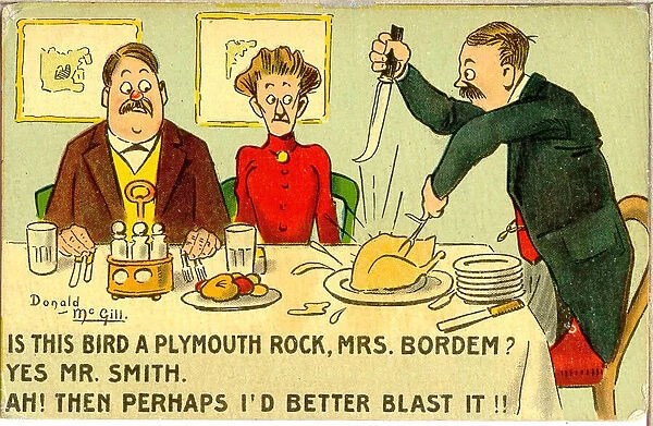Comic postcard, Lodgers and landlady - carving the poultry Date: 20th century