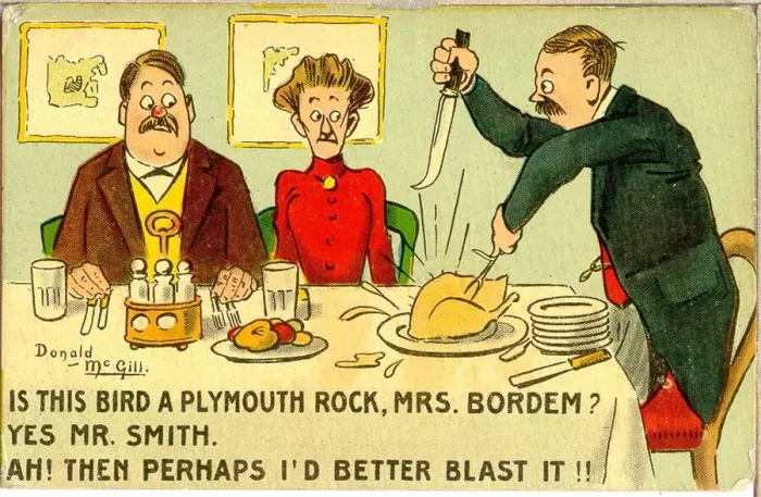 Framed Print : Comic postcard, Lodgers and landlady - carving the poultry Date: 20th century Framed Print : Comic postcard, Lodgers and landlady - carving the poultry Date: 20th century