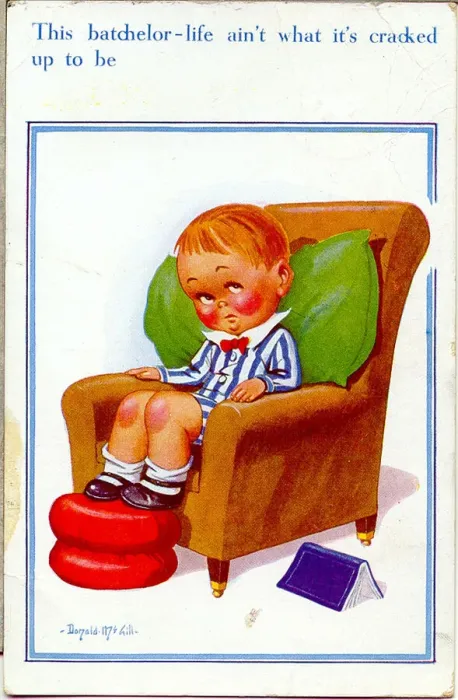 Framed Print : Comic postcard, Lonely boy sitting in an armchair Date: 20th century Framed Print : Comic postcard, Lonely boy sitting in an armchair Date: 20th century